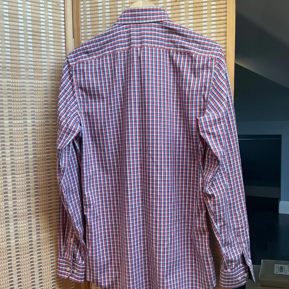 Banana Republic Tailored Slim Fit Non Iron Shirt Red Blue Check Button Down